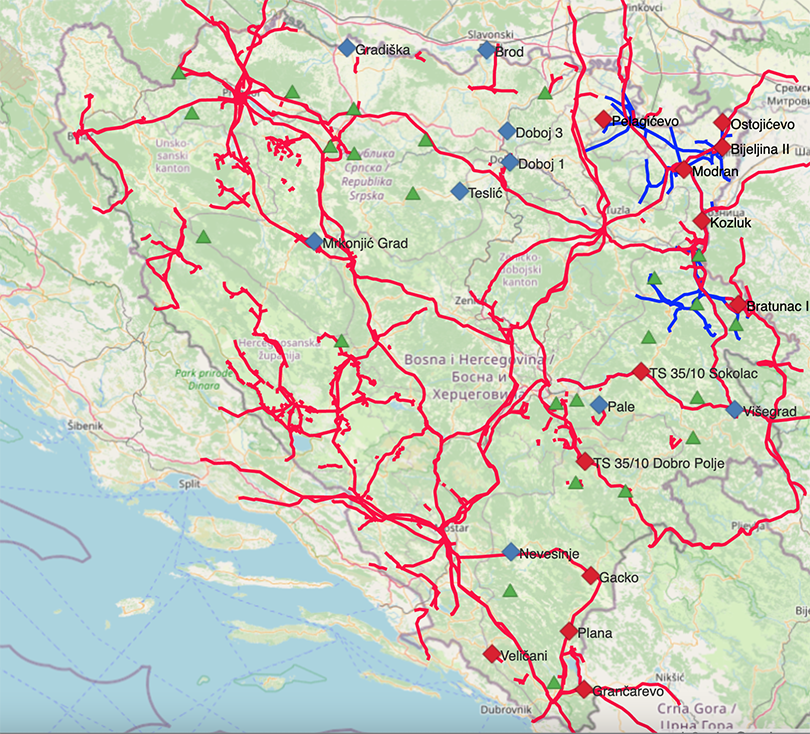 Mapa dalekovoda i trafostanica Bosne i Hercegovine